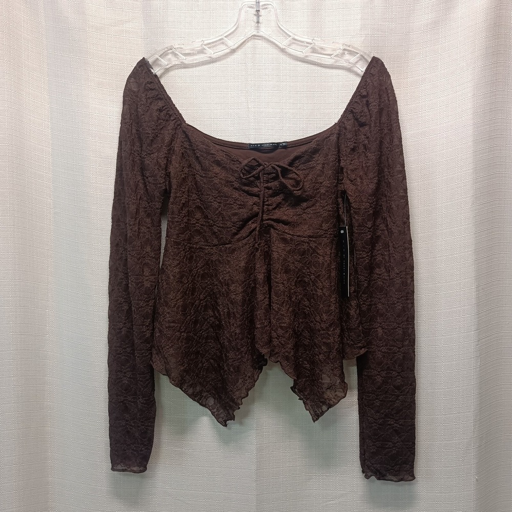 Hearts & Hips Women's Brown Lace Babydoll Top V-Neck Long Sleeve NWT Y2K Style